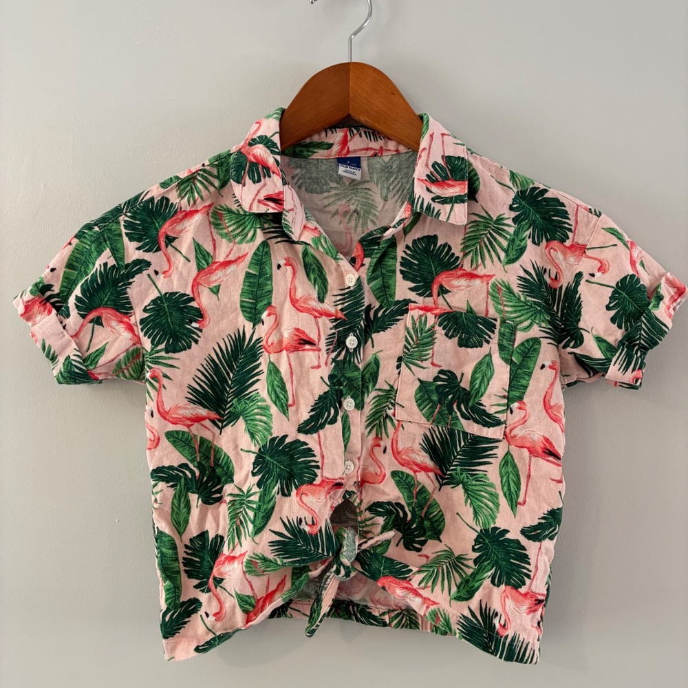 Old Navy Button Down Girls L 10-12 Pink Flamingo Tropical Tie Front Linen Blend